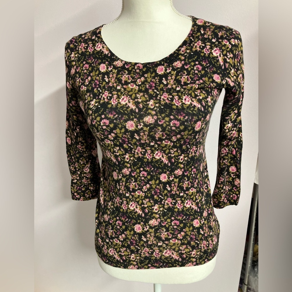 Loft Petites Women’s Pullover Top, XXSP, Black/Pink, Floral, 3/4 Sleeves